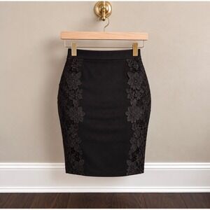 Zara Knit Black Floral Lace Applique Ribbed Pencil Midi Skirt Small